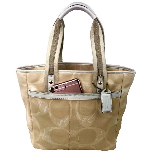 Coach Signature Print Cream Yellow Textile Tote. - Picture 2 of 10